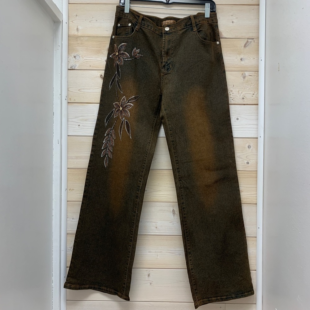 Sweet Tiger Denim Wide Leg Beaded Embroidered Jeans
